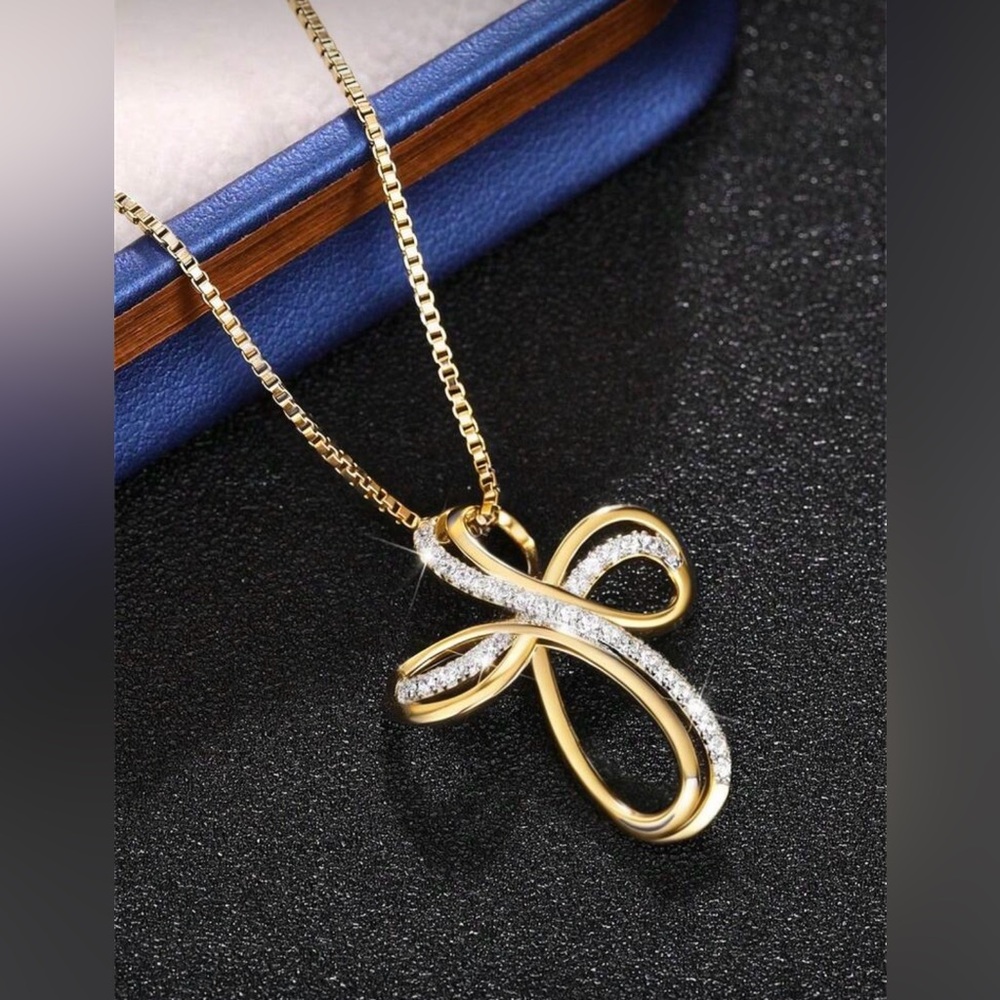 Gold Tone Cubic Zirconia Cross Necklace - Picture 2 of 4